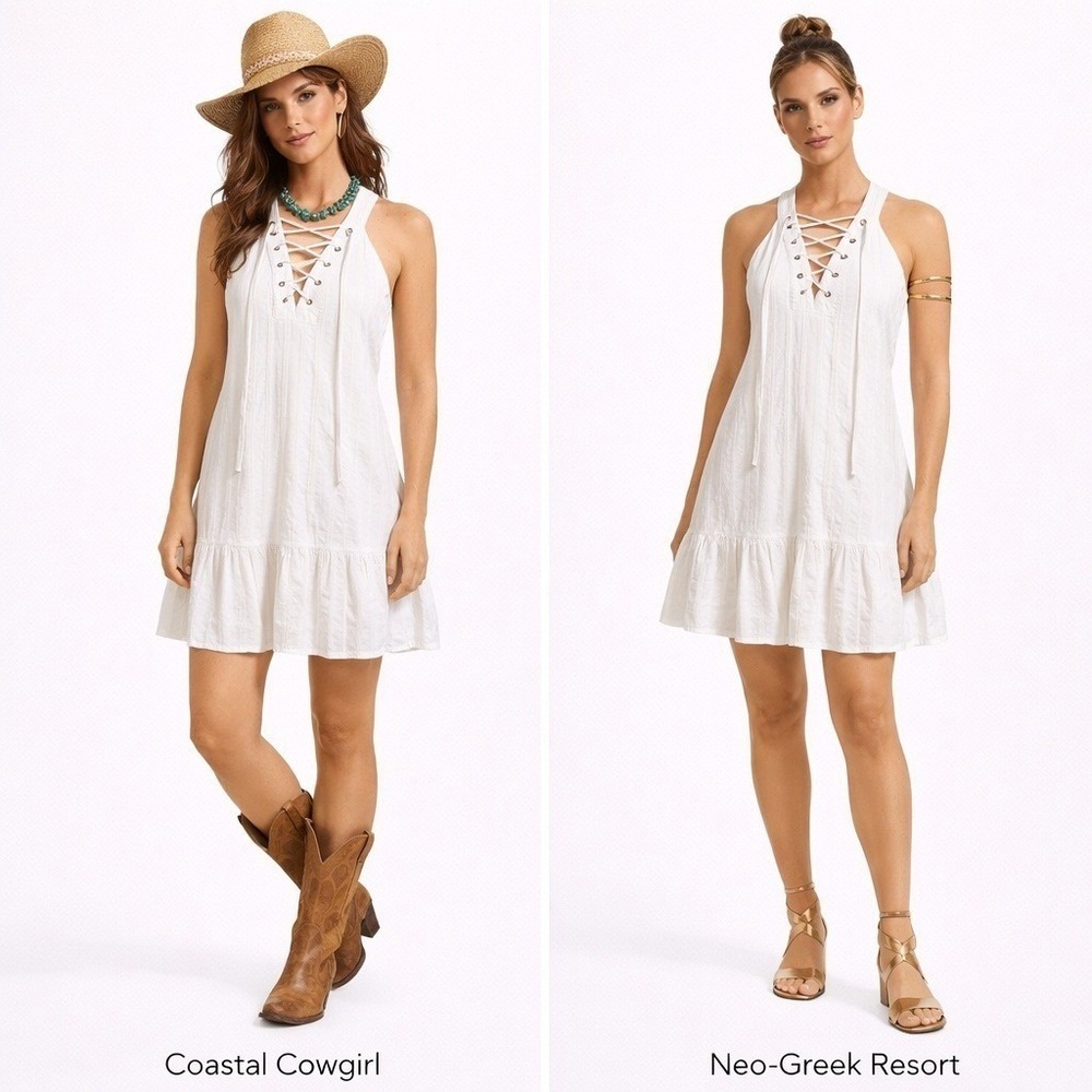 J.O.A. Los Angeles White Dress S Cotton Lace Up Halter‎ Ruffle Mini Boho Summer